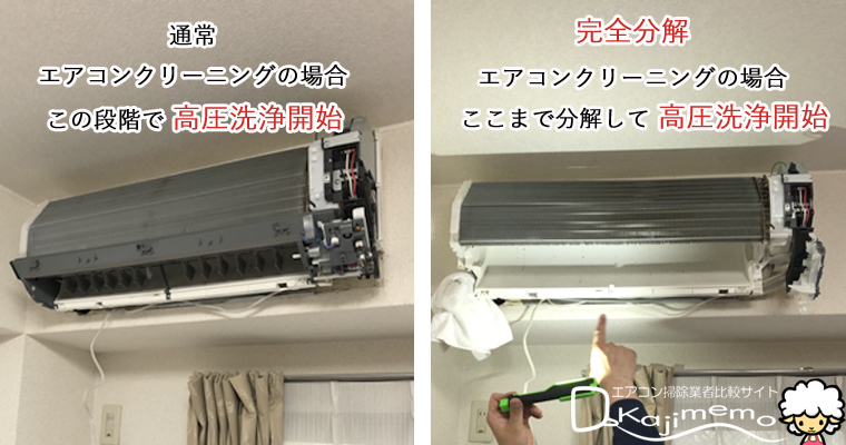 エアコン完全分解洗浄体験：通常エアコンクリーニングと完全分解洗浄の分解の比較